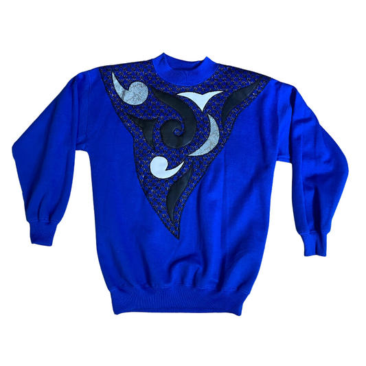 1980s Deadstock Royal Blue Mock Neck Abstract Pullover by Extravaganza