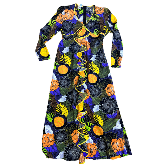 1970s French Psychedelic Floral Pattern Dress