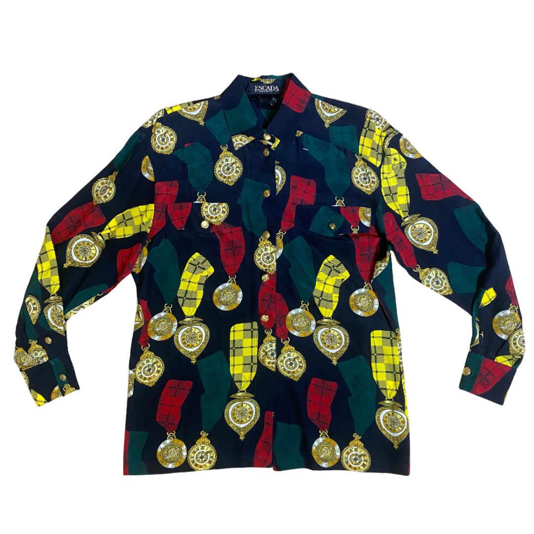 1980s ESCADA Silk Watch Print Button-Up Blouse by Margaretha Ley