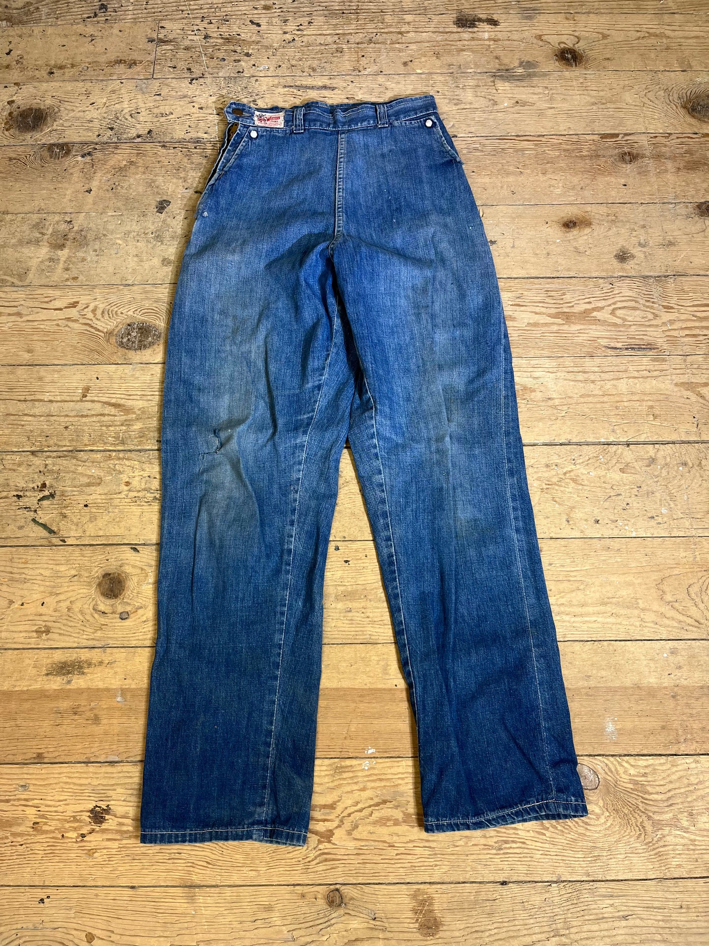 Rare 1950s-1960s Side-Zip Pearl Snap Mid-Wash Denim Jeans by Western Girl