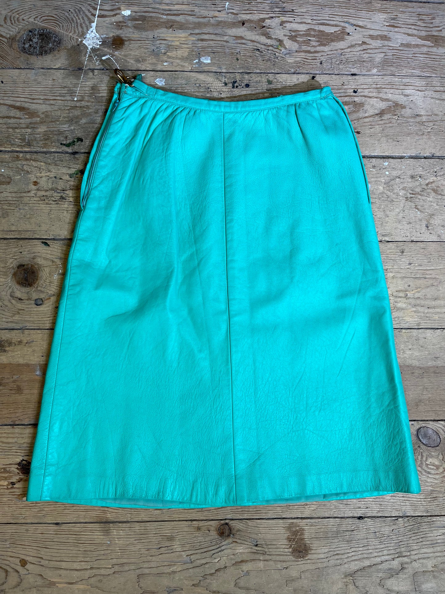 Rare 1960s-1970s Seafoam Teal Leather Skirt by Sills, Bonnie Cashin