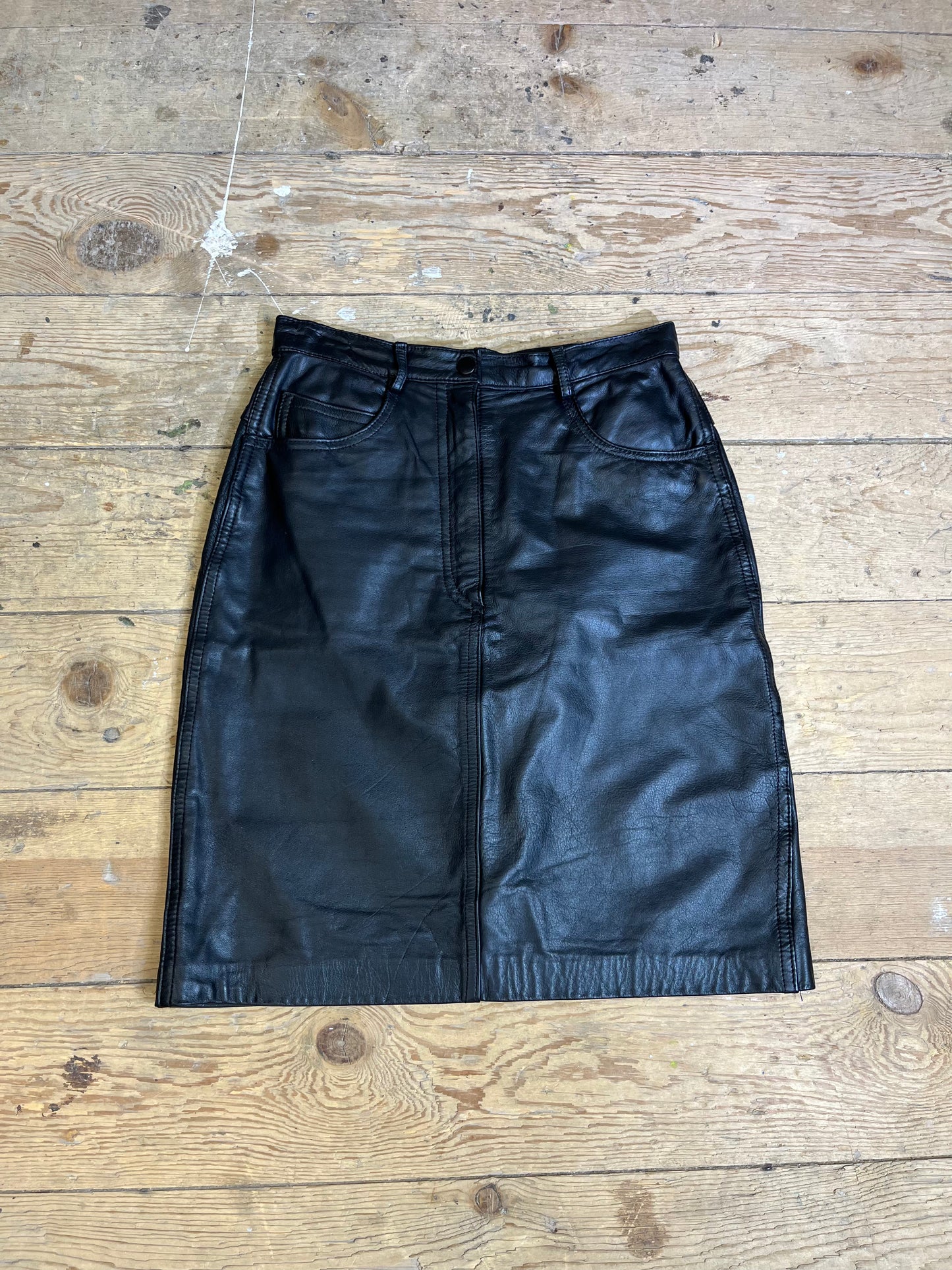 1990s Black Leather Pencil Skirt by ROBINSON'S