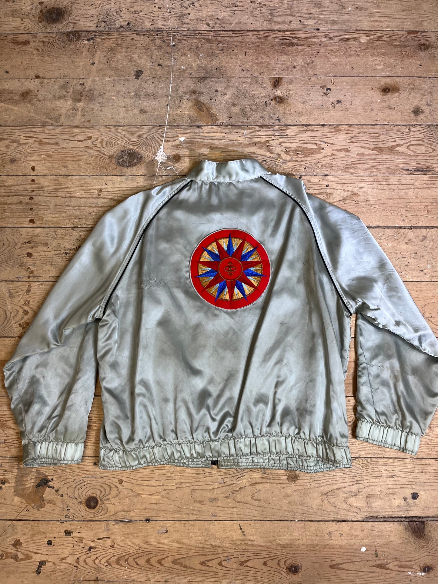 1980s Duran Duran Silver Satin Bomber Jacket by ROADIE