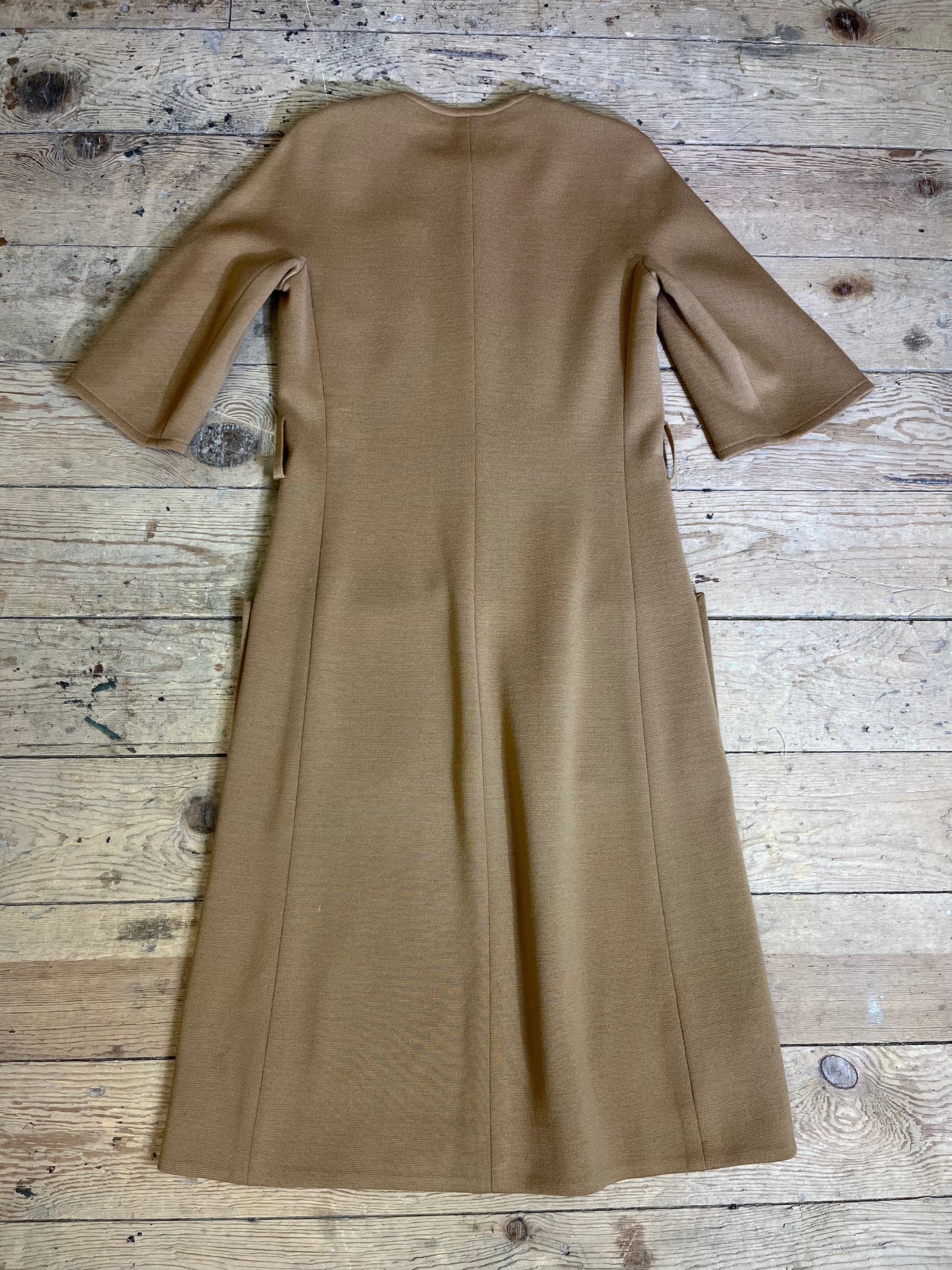 1960s Mod-Style Tan Belted Button-Front Wool Dress by Kimberly