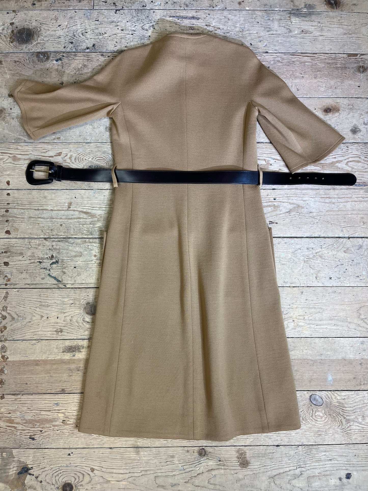 1960s Mod-Style Tan Belted Button-Front Wool Dress by Kimberly