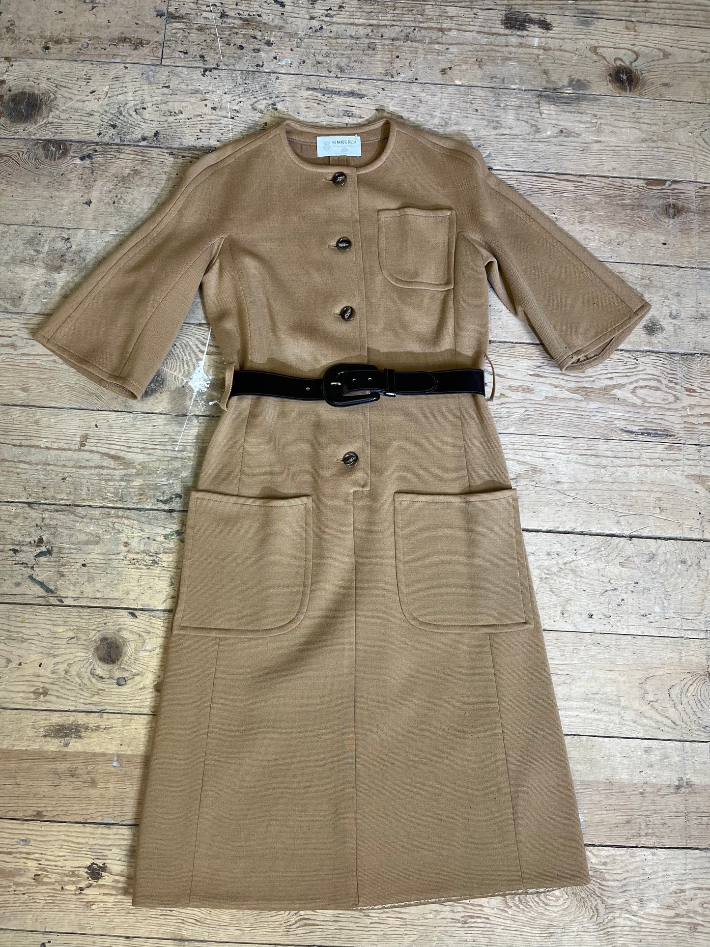 1960s Mod-Style Tan Belted Button-Front Wool Dress by Kimberly