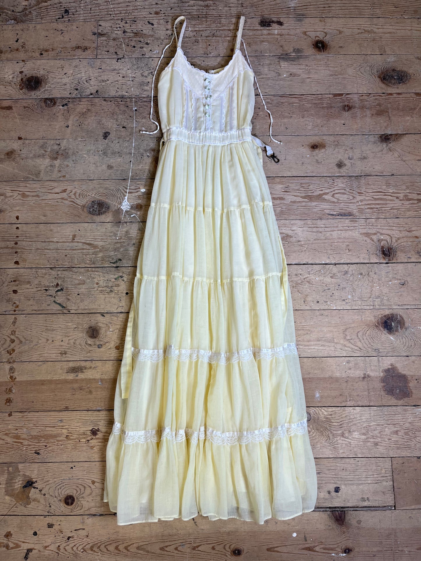 1970s Yellow and Lace Floor Length Prairie Dress by Gunne Sax