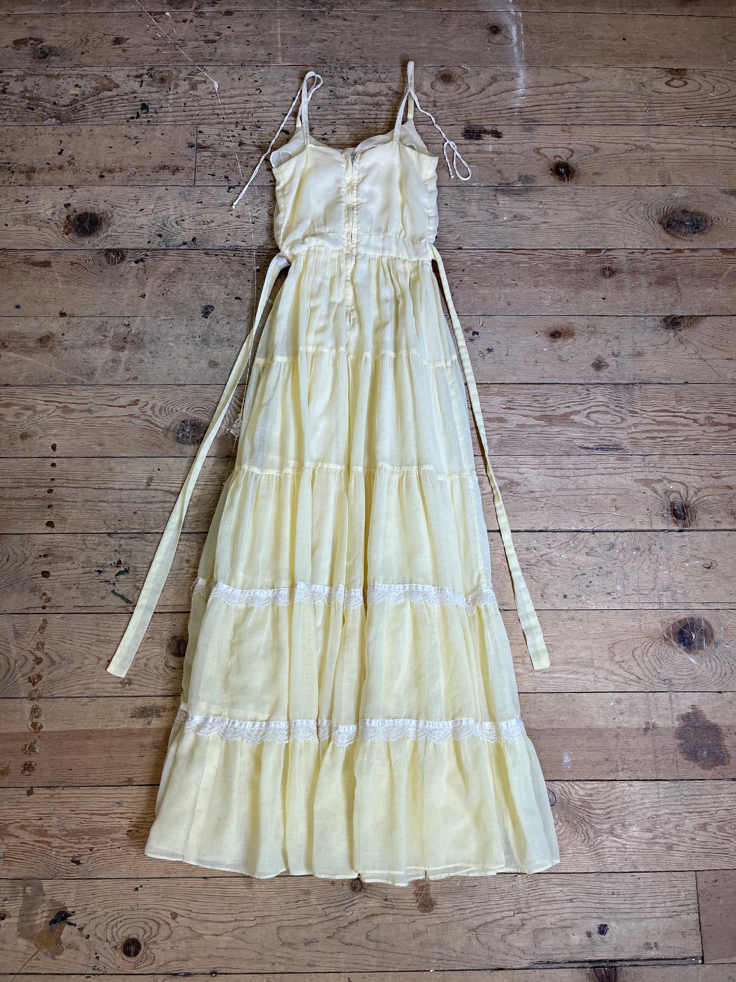 1970s Yellow and Lace Floor Length Prairie Dress by Gunne Sax