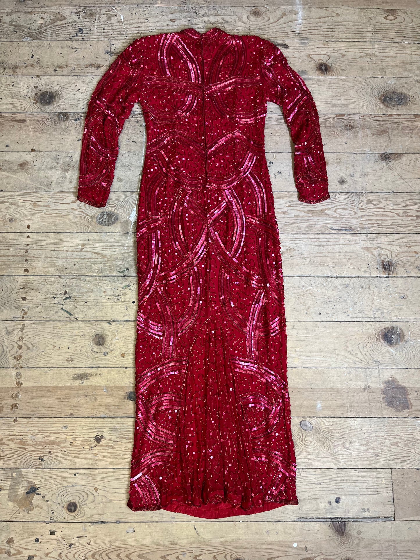 1980s Scarlet Red Beaded Silk Floor Length Dress by Judith Ann Creations