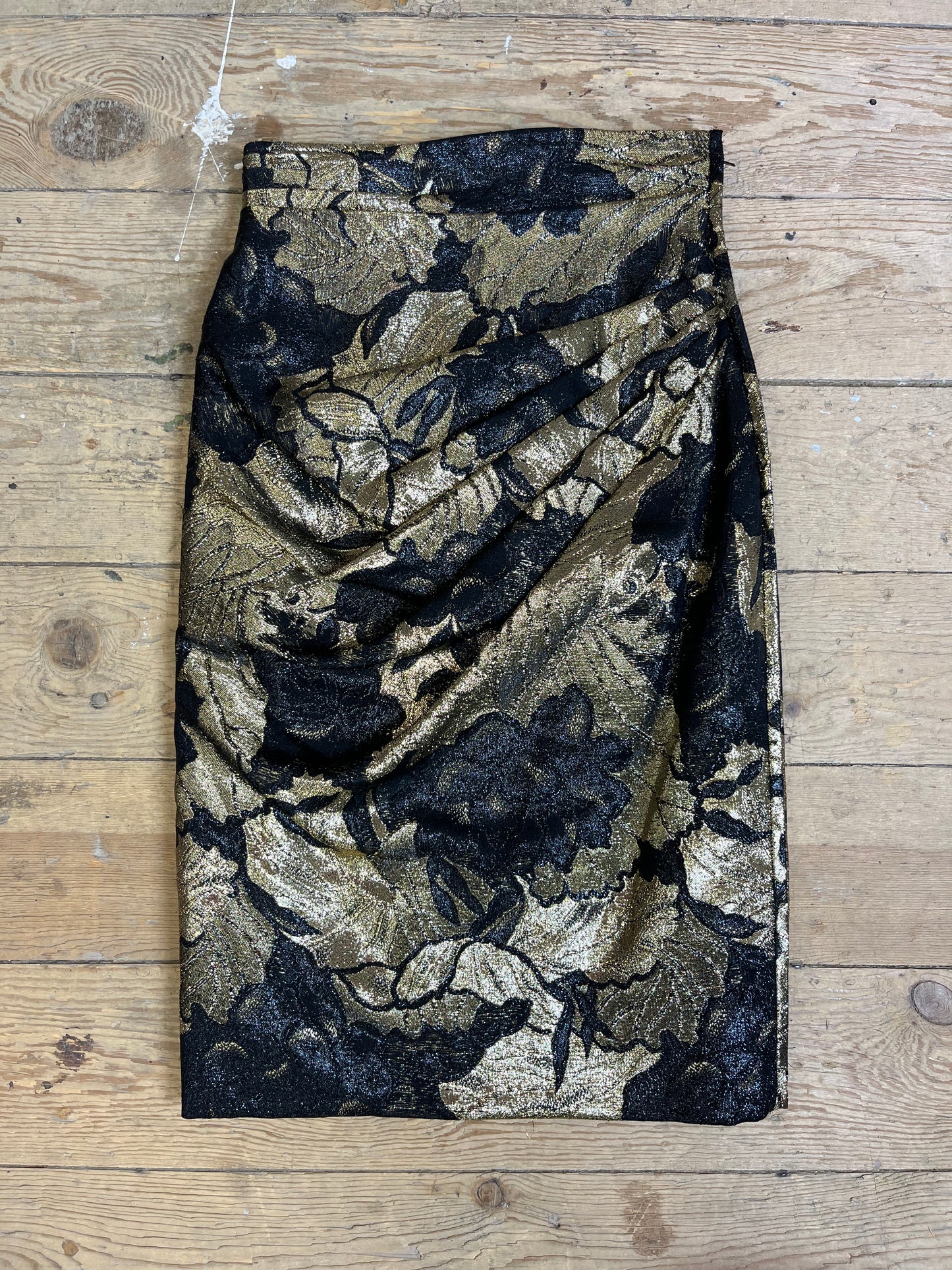 1980s Black & Gold Ruched Floral Skirt by Ungaro Parallele Paris