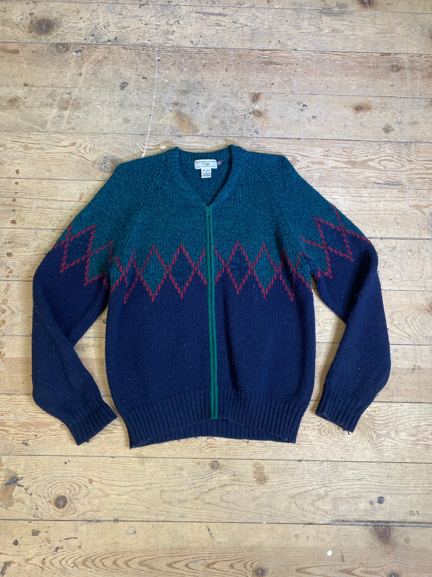 1990s Diamond Argyle Zip-Up Wool Sweater by GAP